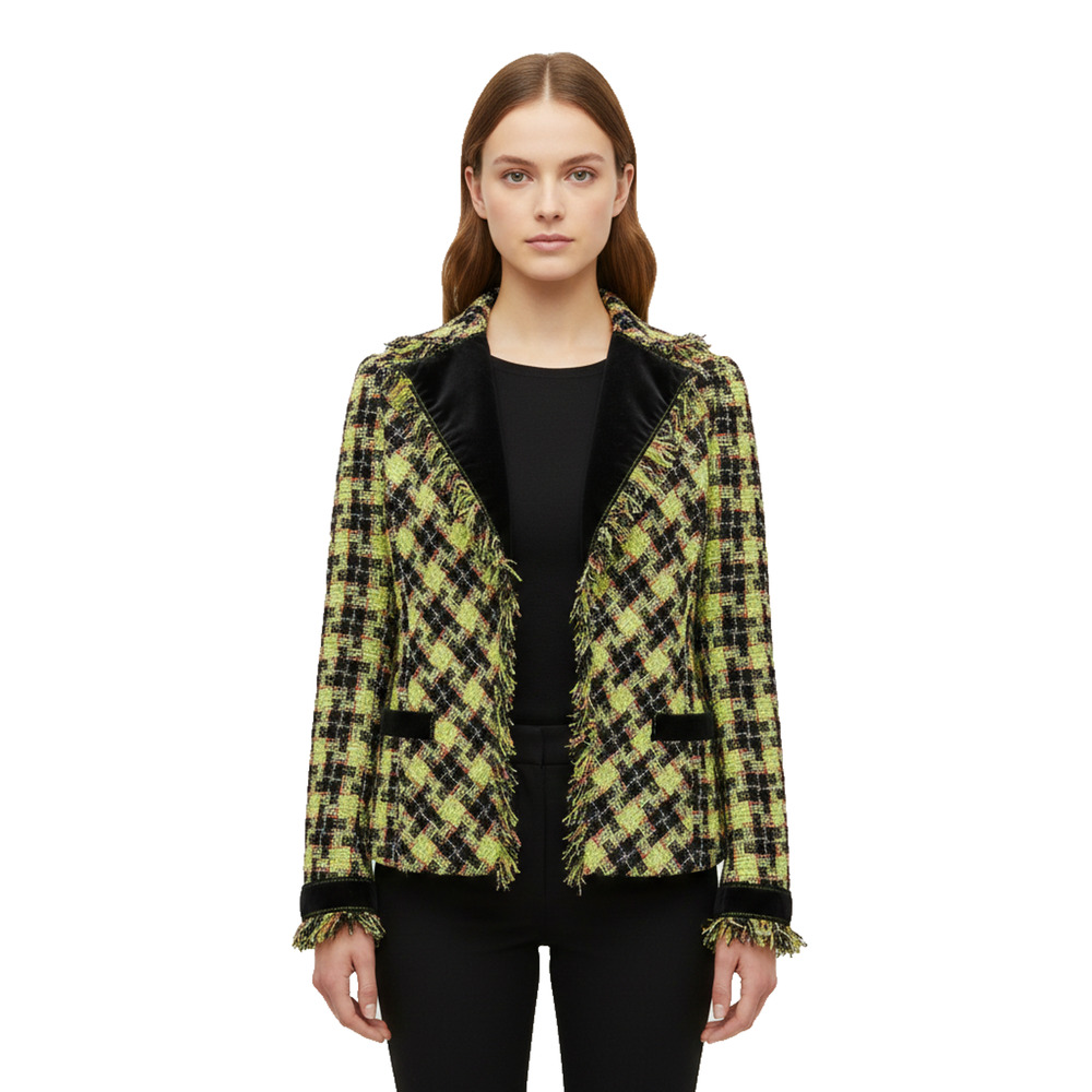 HIROKO KOSHINO Japanese Tweed Plaid Jacket Frayed Trim Velvet Collar Wool Blend